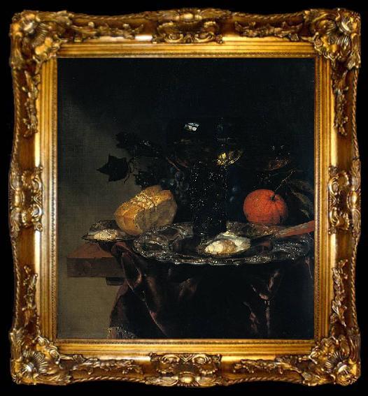 framed  Abraham van Beijeren Stilleven met roemer op een zilveren schaal, oesters en blauwe kaas op een donker kleed, ta009-2